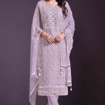 Lavender Floral Sequins Embroidered Chinon Semi Stitched Suit