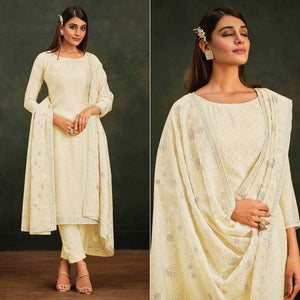 Cream Swarovski Work Organza Semi Stitched Salwar Suit