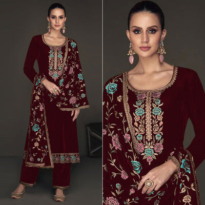 Maroon Floral Embroidered Velvet Semi Stitched Suit