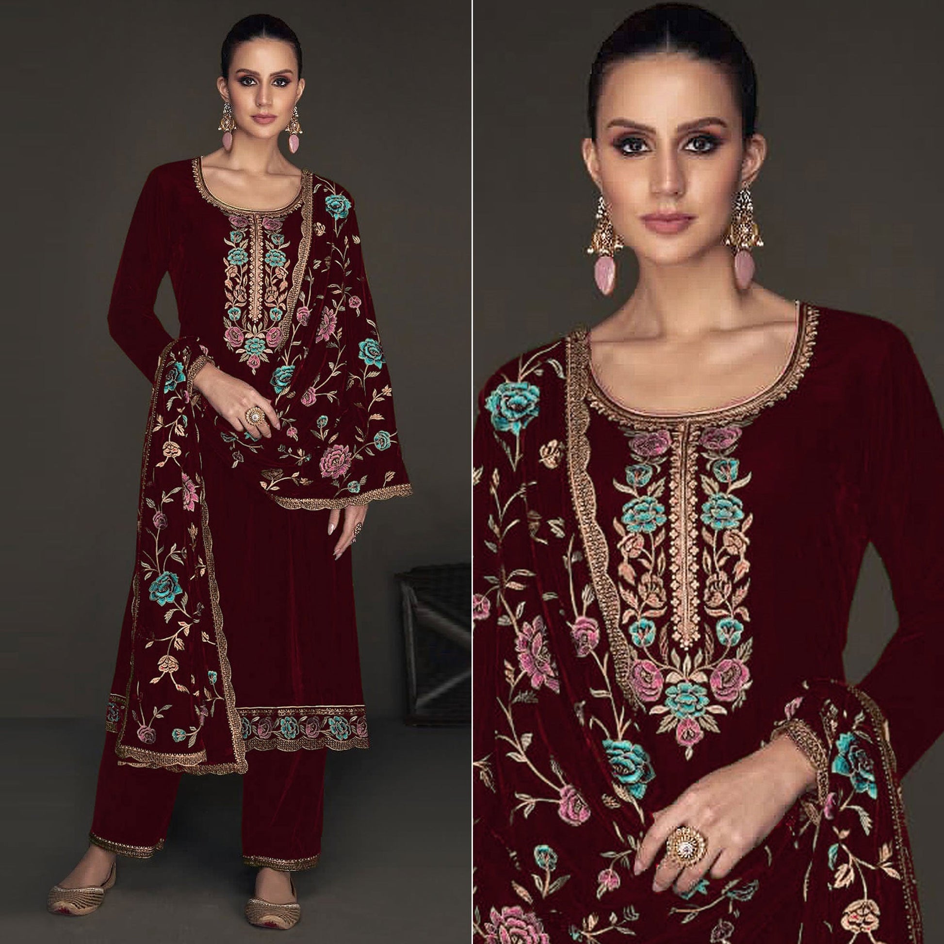 Maroon Floral Embroidered Velvet Semi Stitched Suit
