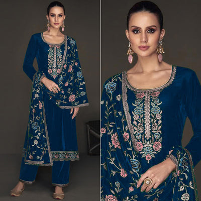 Morpich Floral Embroidered Velvet Semi Stitched Suit