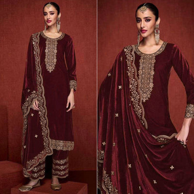 Maroon Floral Embroidered Velvet Semi Stitched Suit