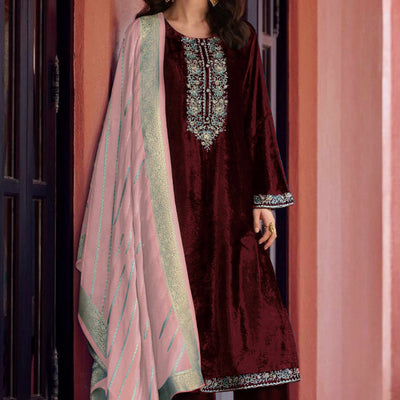 Brown Embroidered Velvet Semi-Stitched Salwar Suit