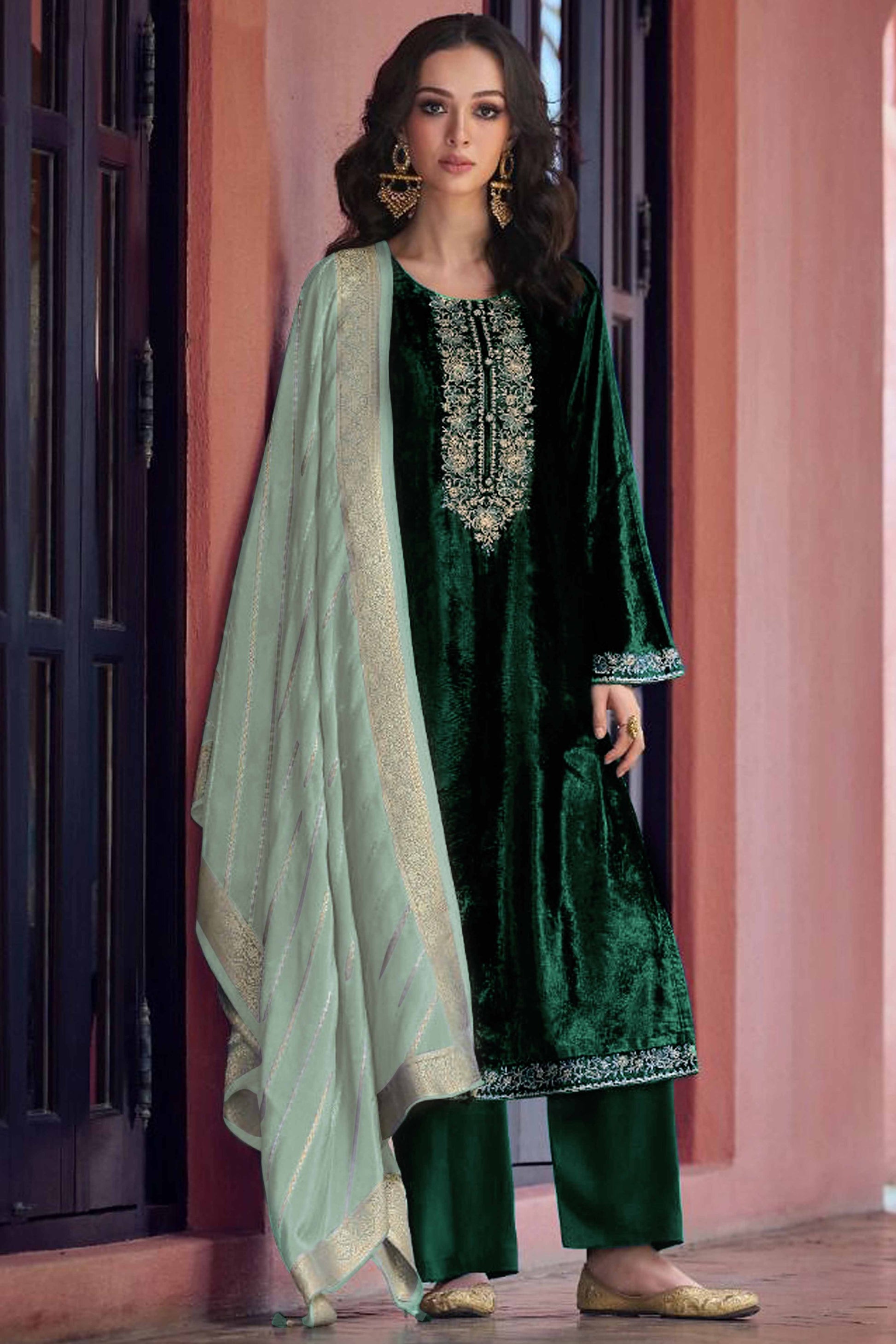green-embroidered-velvet-semi-stitched-salwar-suit-1