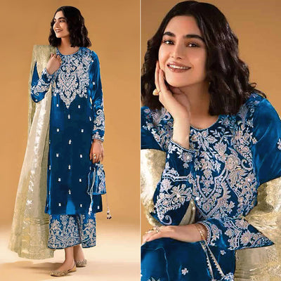 Morpich Floral Embroidered Velvet Semi Stitched Suit