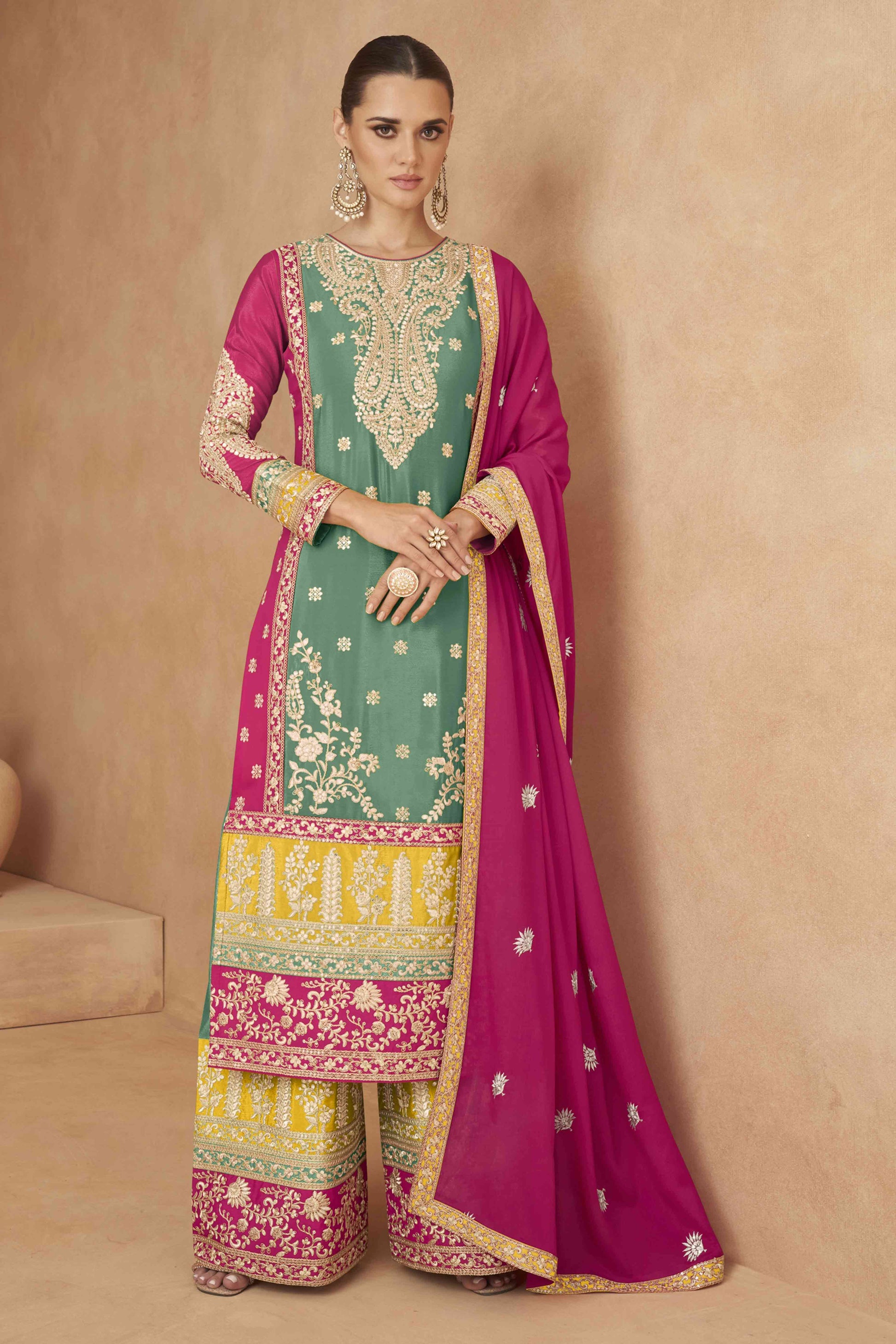 green-embroidered-sequins-work-chinon-semi-stitched-salwar-suit