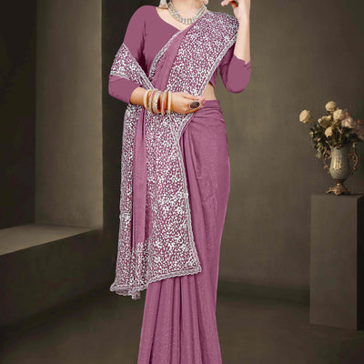 Mauve Floral Embroidery With Stonework Chiffon Shimmer Saree