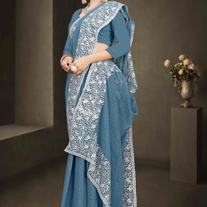 Bluyish Grey Floral Embroidery With Stonework Chiffon Shimmer Saree