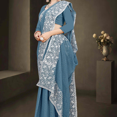 Bluyish Grey Floral Embroidery With Stonework Chiffon Shimmer Saree