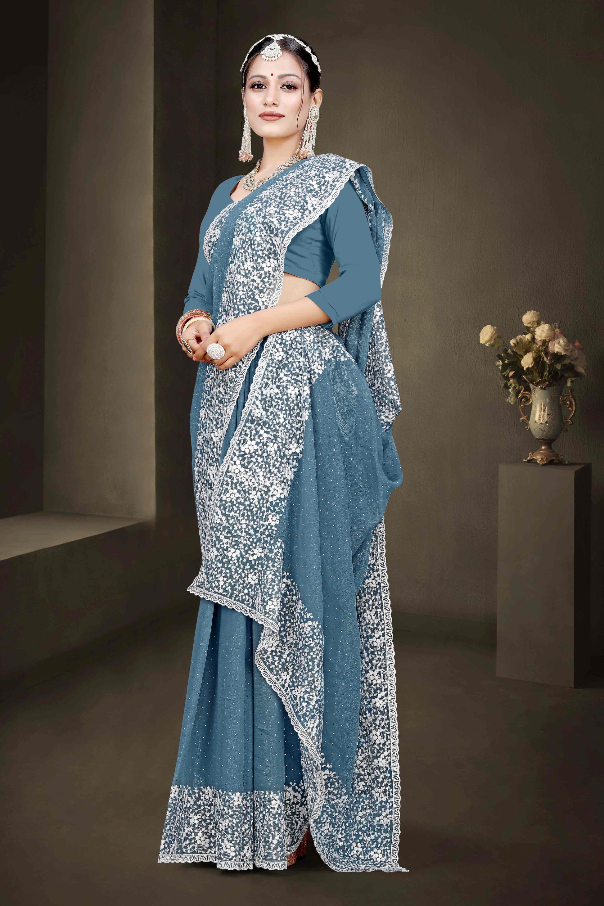 Bluyish Grey Floral Embroidery With Stonework Chiffon Shimmer Saree