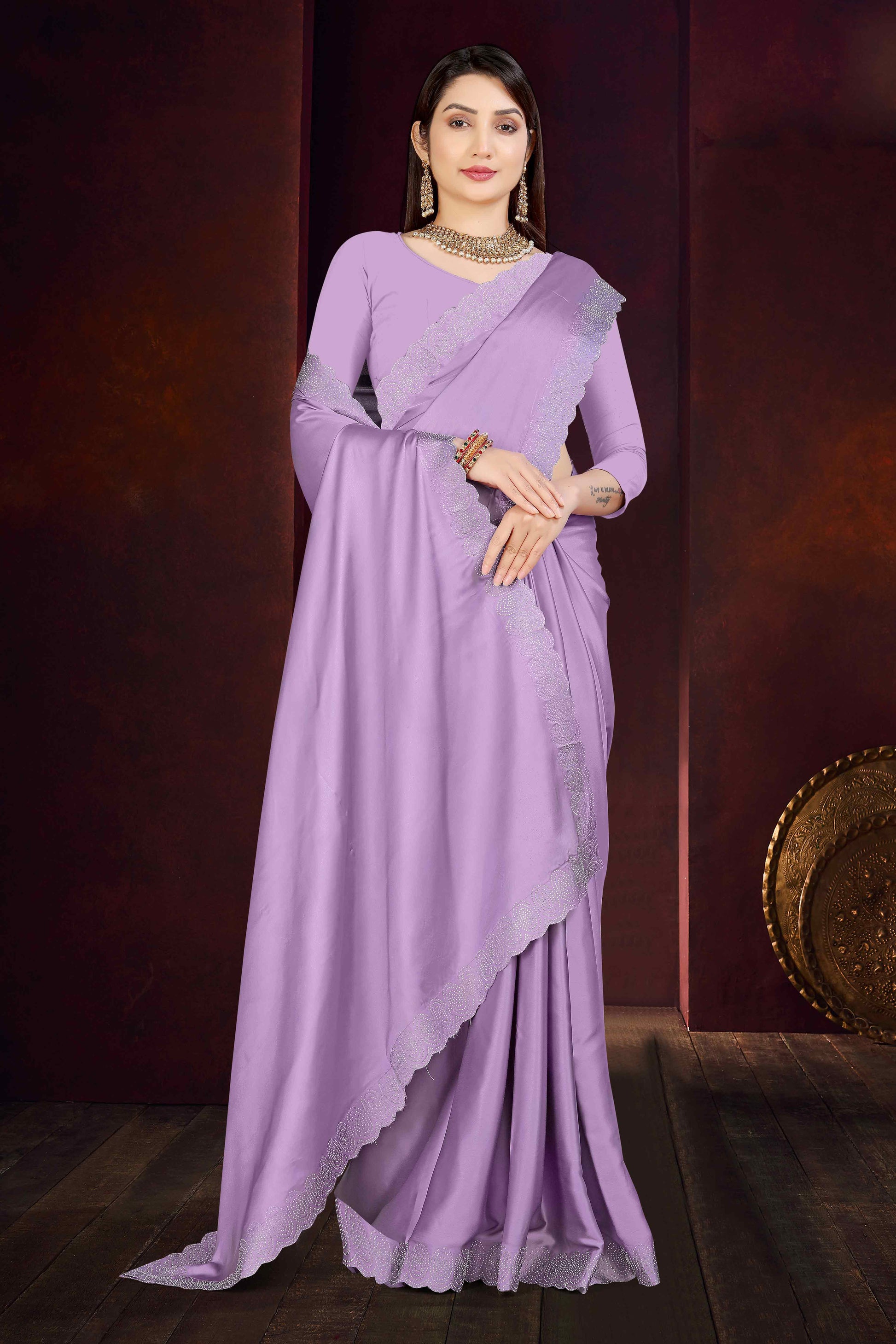 Lavender Solid With Swarovski Work Satin Saree