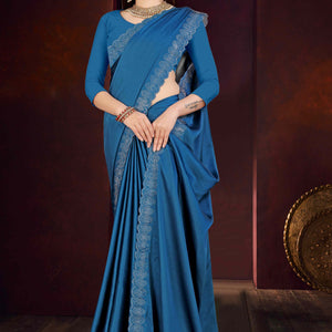 Blue Solid With Swarovski Work Satin Saree
