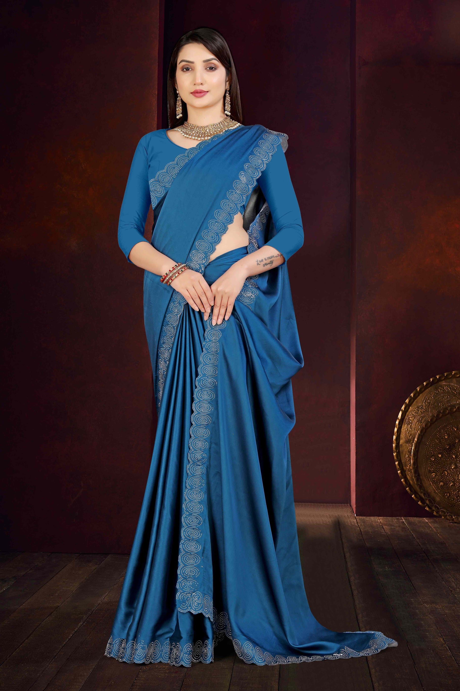 Blue Solid With Swarovski Work Satin Saree