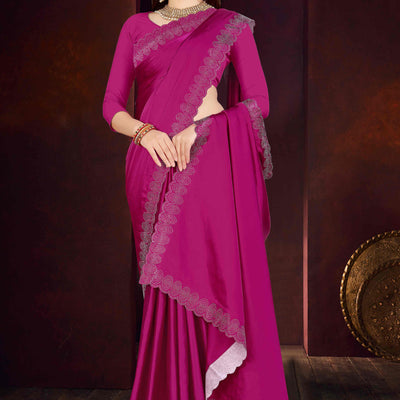 Magenta Solid With Swarovski Work Satin Saree