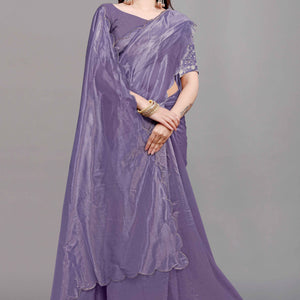 Lavender Solid Net Saree With Zari Border