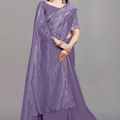 Lavender Solid Net Saree With Zari Border