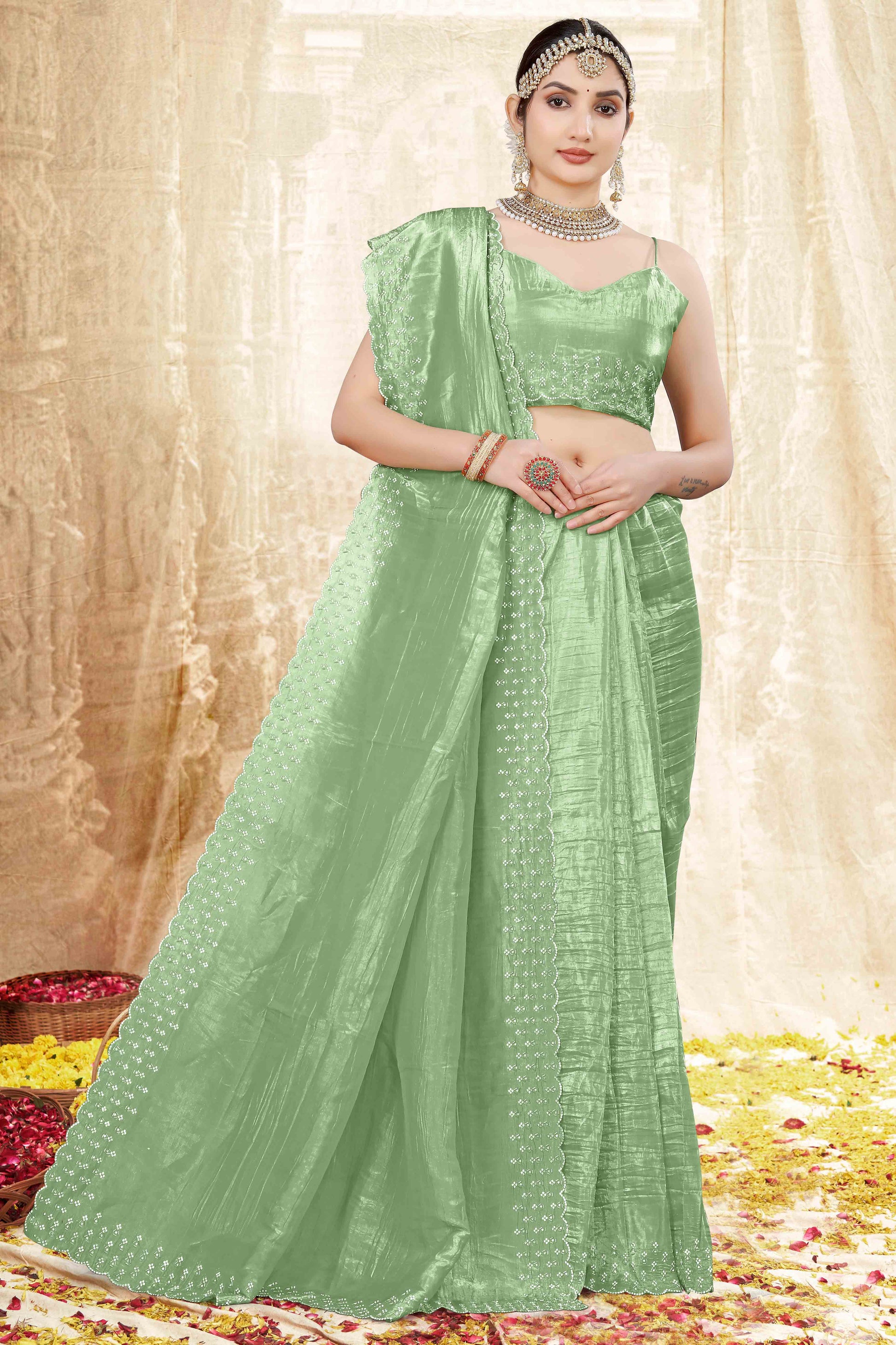 green-zarkan-diamond-work-tissue-gold-crush-saree