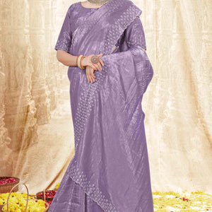 Lavender Zarkan Diamond Work Tissue Gold Crush Saree