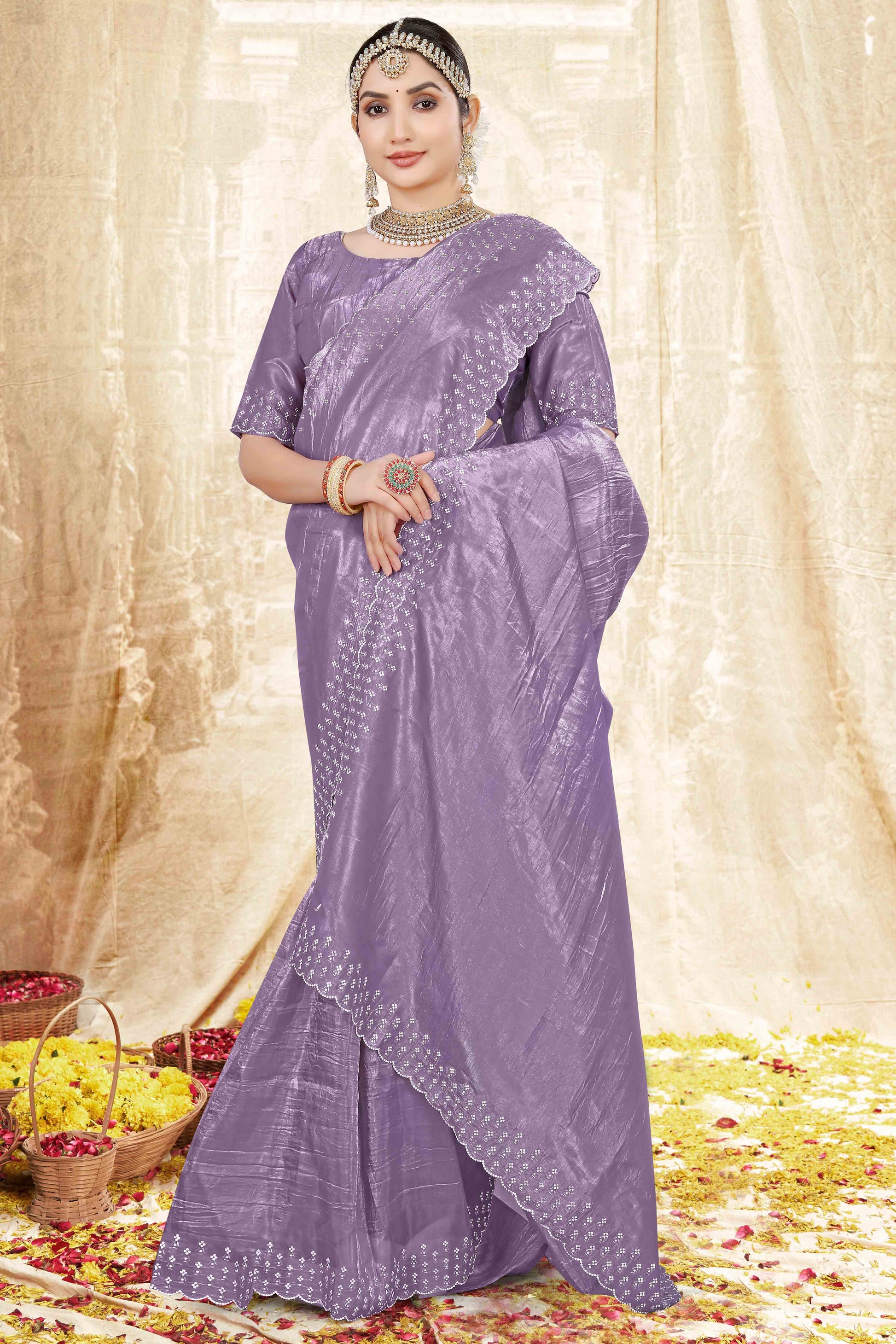Lavender Zarkan Diamond Work Tissue Gold Crush Saree
