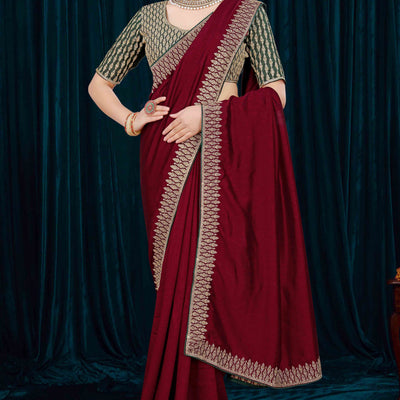 Maroon Solid With Zari Embroidered Vichitra Silk Saree