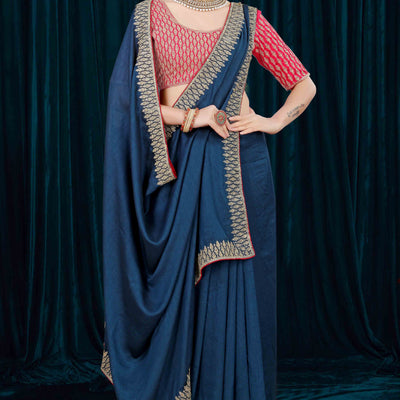 Blue Solid With Zari Embroidered Vichitra Silk Saree