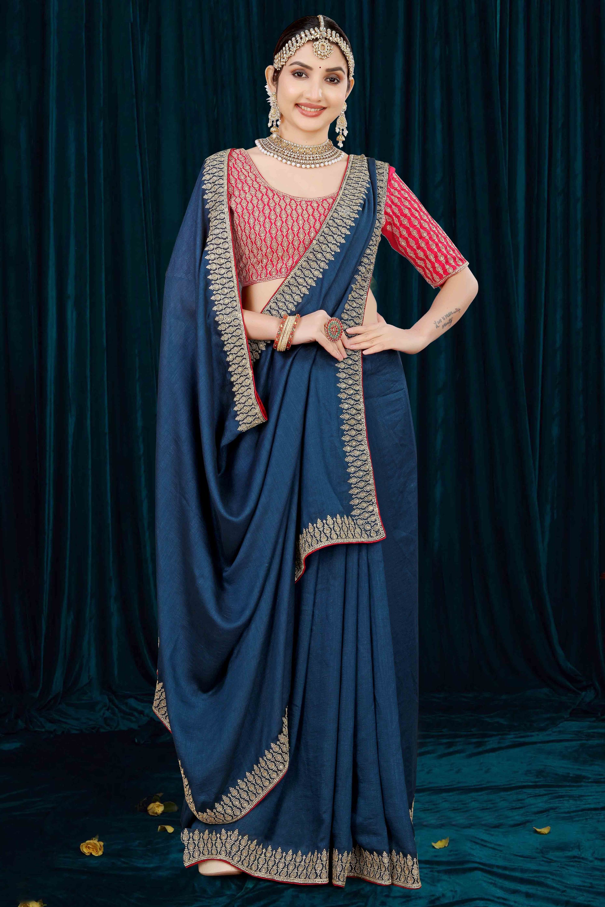 Blue Solid With Zari Embroidered Vichitra Silk Saree