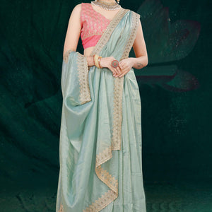 Blue Solid With Swarovski Work Tissue Gold Crush Saree