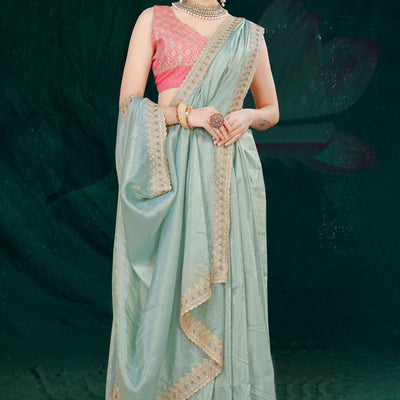 Blue Solid With Swarovski Work Tissue Gold Crush Saree