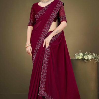 Maroon Solid With Swarovski Work Chiffon Saree