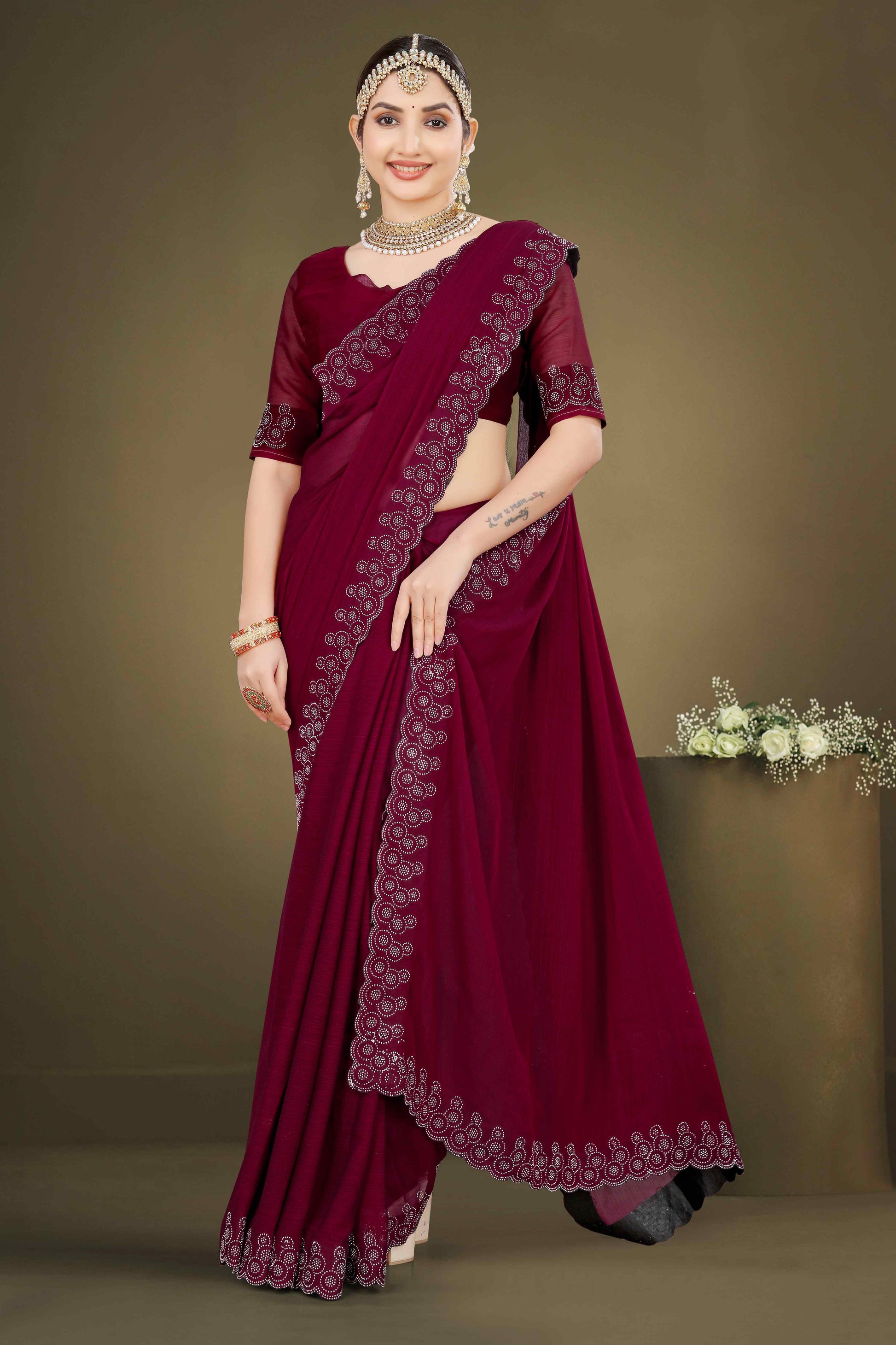 Maroon Solid With Swarovski Work Chiffon Saree