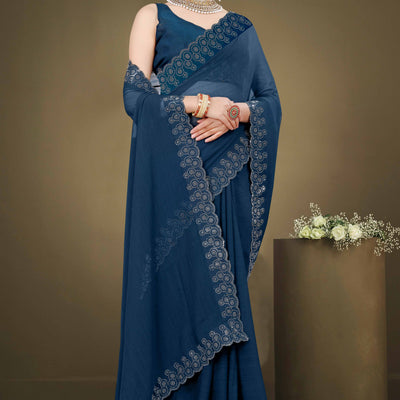 Blue Solid With Swarovski Work Chiffon Saree
