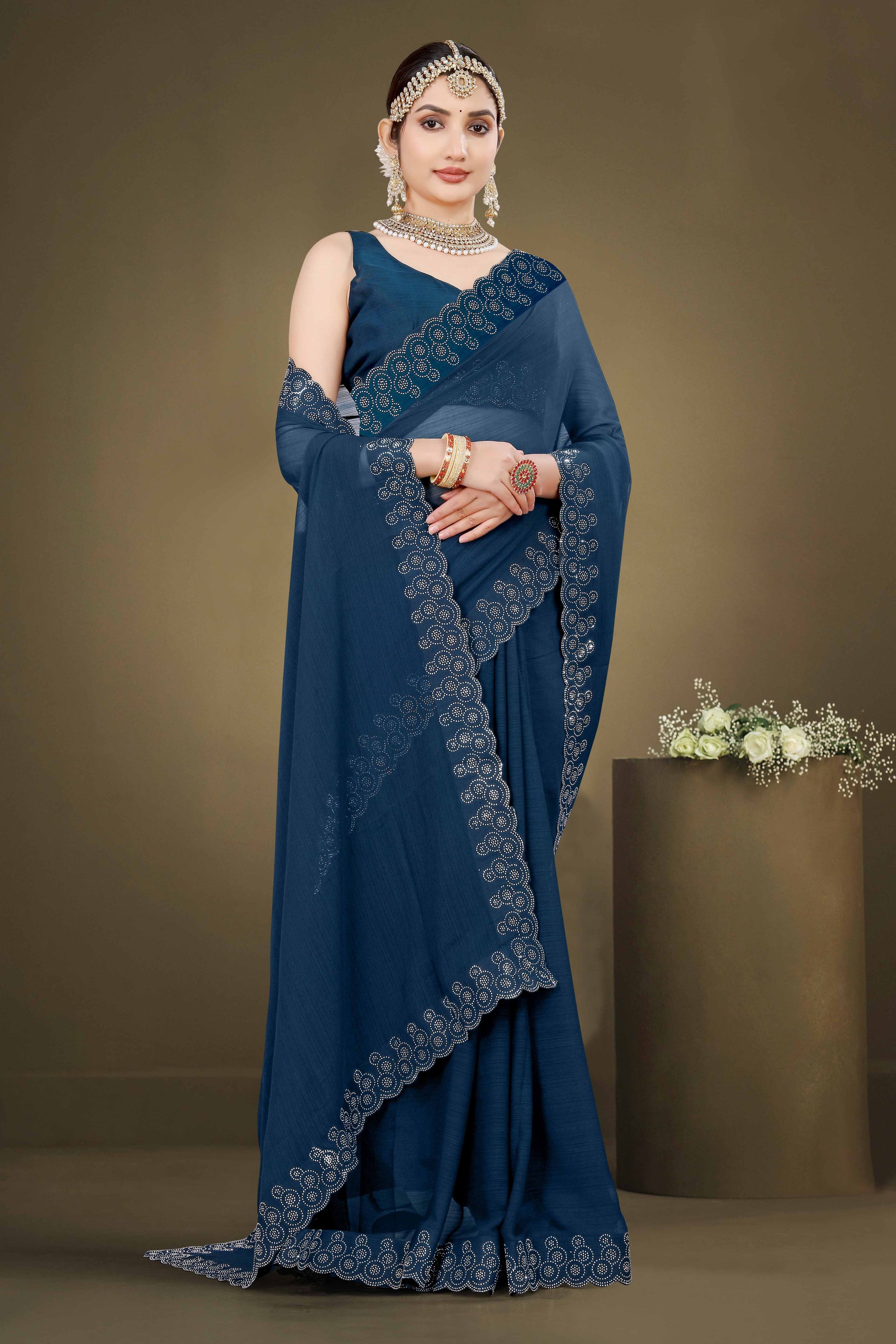 Blue Solid With Swarovski Work Chiffon Saree