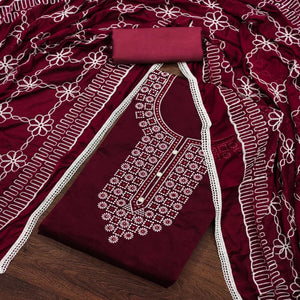 Maroon Floral Embroidered Chanderi Dress Material