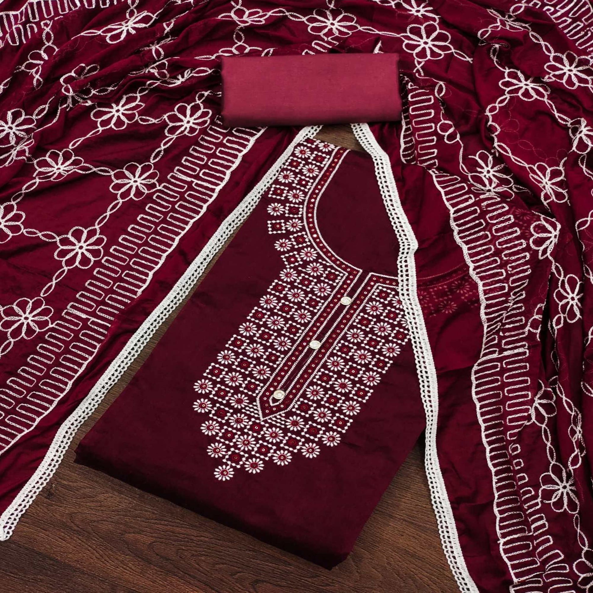 Maroon Floral Embroidered Chanderi Dress Material