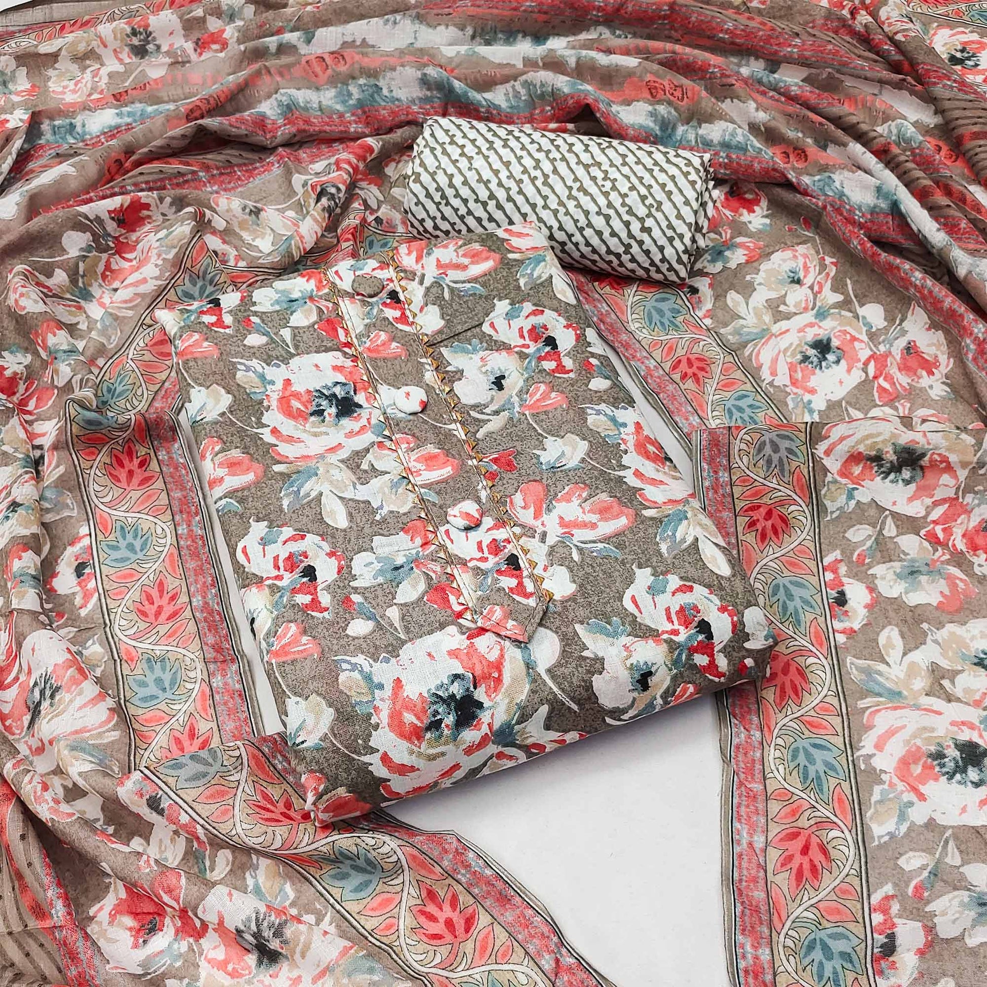 Brown Floral Printed Pure Cotton Dress Material
