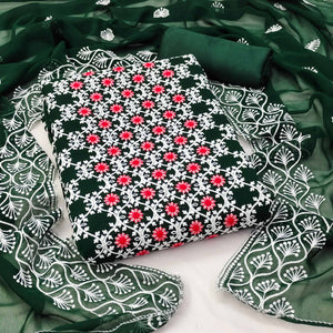 Bottle Green Embroidered Georgette Dress Material