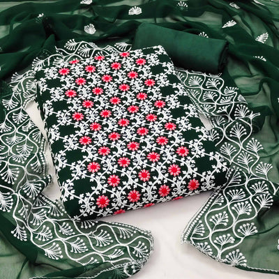 Bottle Green Embroidered Georgette Dress Material