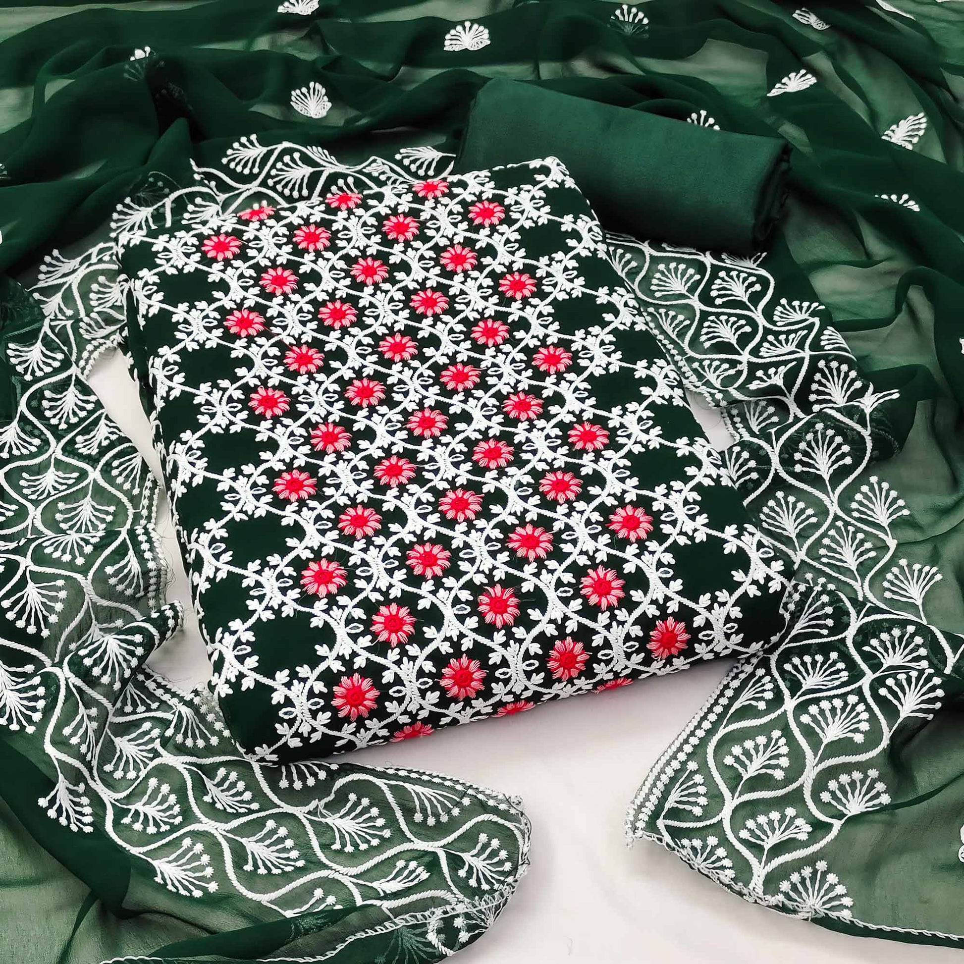 Bottle Green Embroidered Georgette Dress Material
