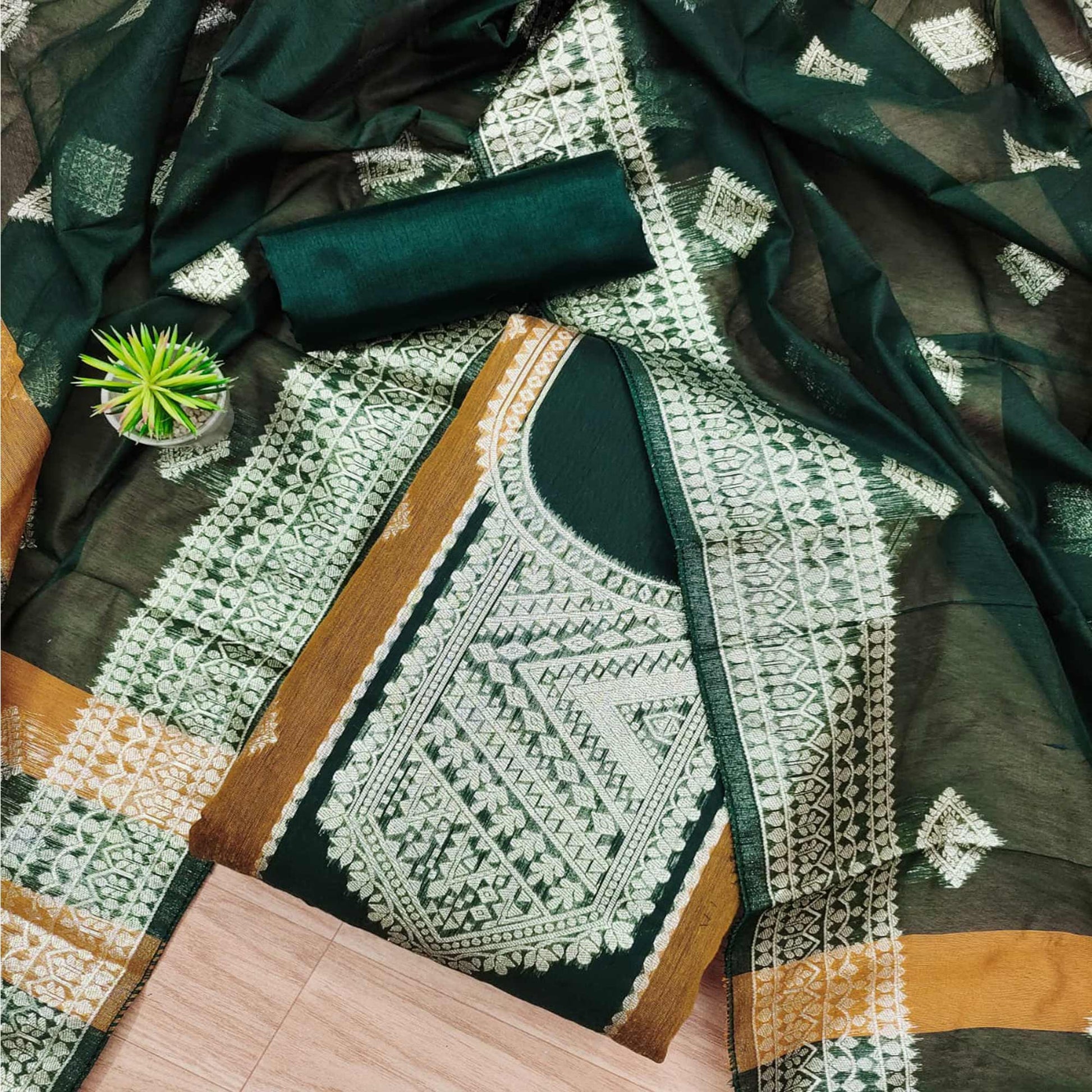green-woven-chanderi-dress-material-2