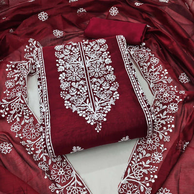 Maroon Floral Embroidered Modal Dress Material