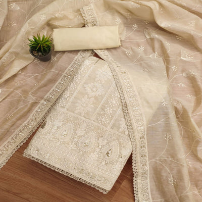 Cream Sequins Embroidered Chanderi Silk Dress Material