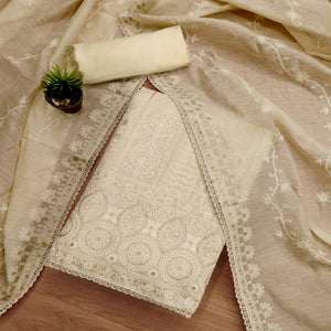 Cream Sequins Embroidered Chanderi Silk Dress Material