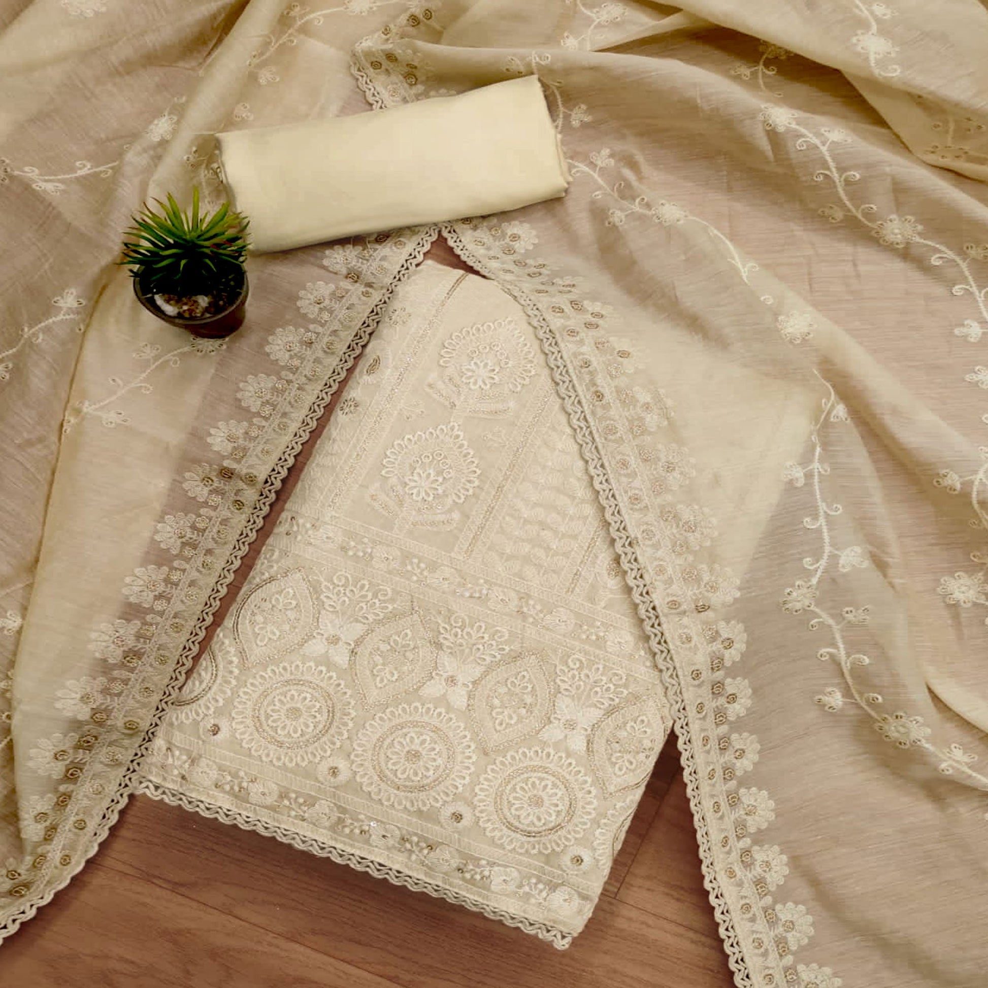 Cream Sequins Embroidered Chanderi Silk Dress Material