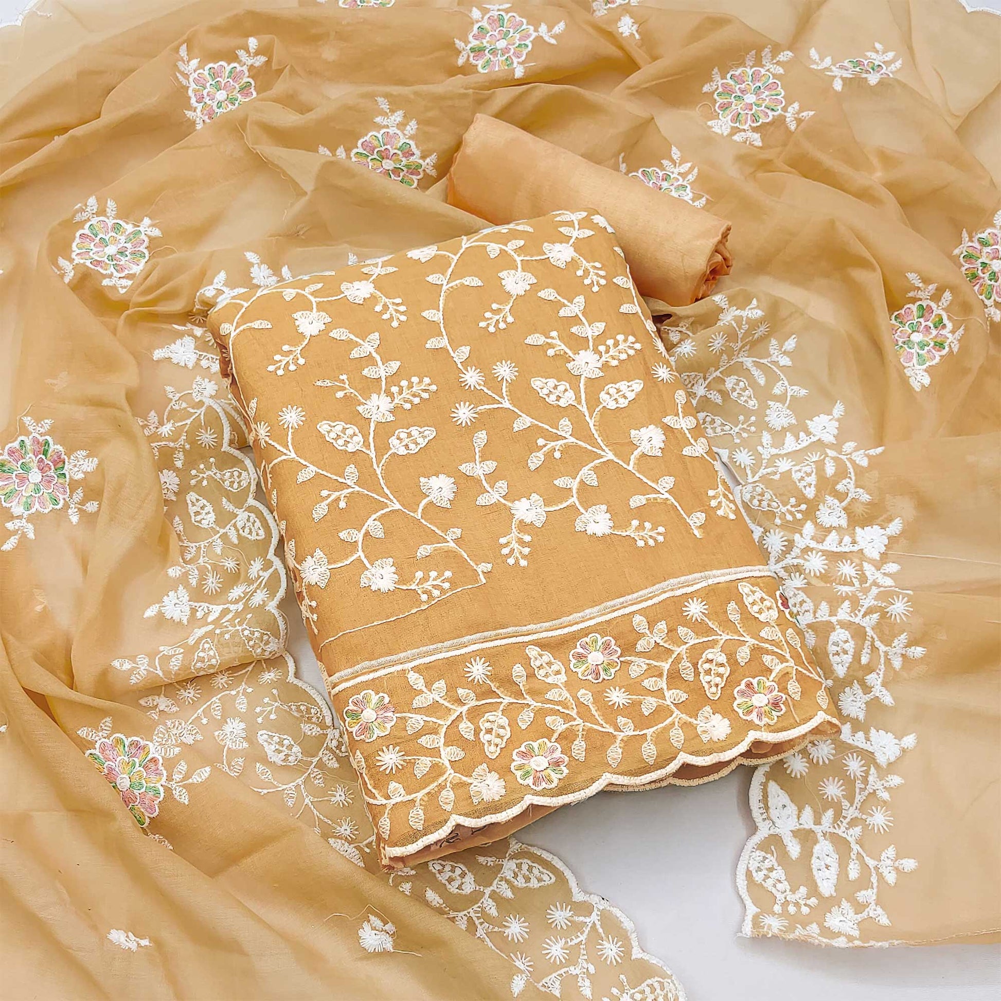 Chikoo Floral Embroidered Chanderi Dress Material