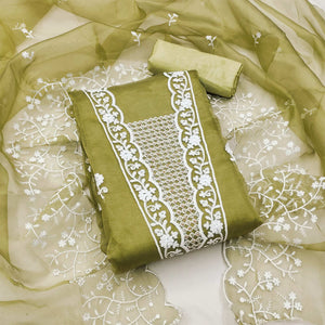 Mehendi Green Floral Embroidered Organza Dress Material