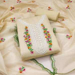 Cream Floral Embroidered Chanderi Dress Material
