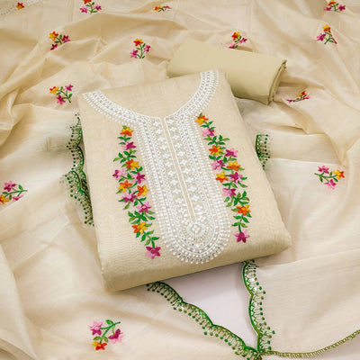 Cream Floral Embroidered Chanderi Dress Material