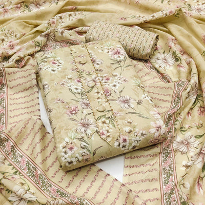 Light Yellow Floral Printed Cotton Blend Dress Material