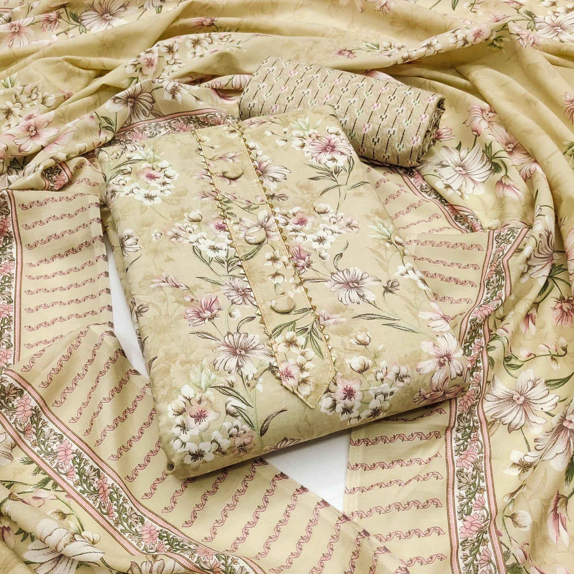 Light Yellow Floral Printed Cotton Blend Dress Material