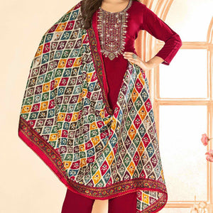 Maroon Embroidery With Diamond Rayon Dress Material